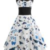 Clothing Retro Stage | 1950S Blue Butterflys Patchwork Halter Dress White & Blue