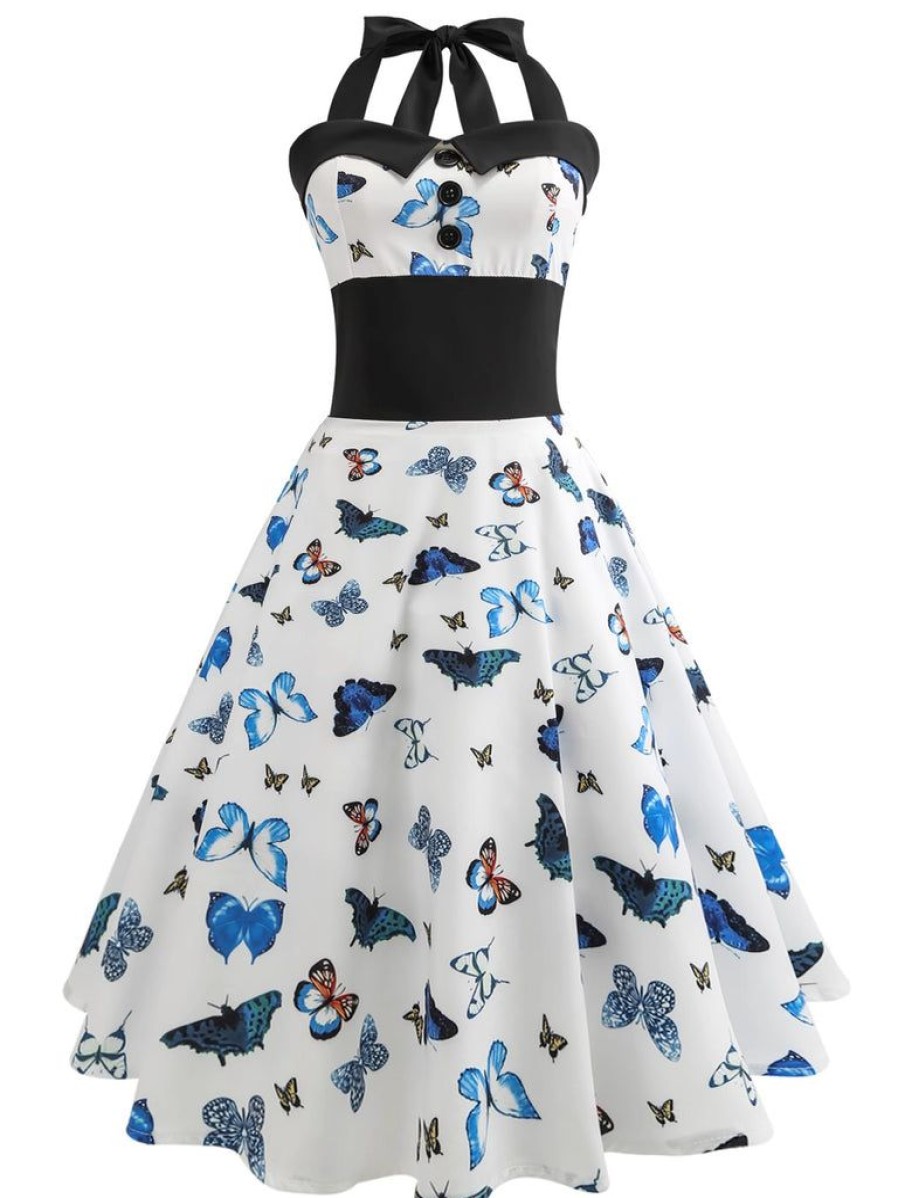 Clothing Retro Stage | 1950S Blue Butterflys Patchwork Halter Dress White & Blue