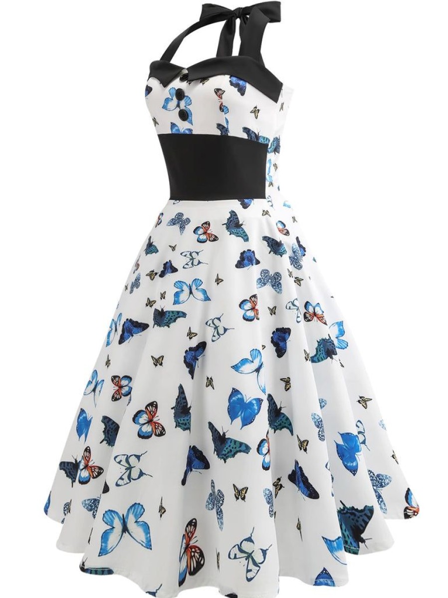 Clothing Retro Stage | 1950S Blue Butterflys Patchwork Halter Dress White & Blue