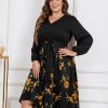 Clothing Retro Stage | [Plus Size] 1950S Yellow Floral Long Sleeved Dress Black