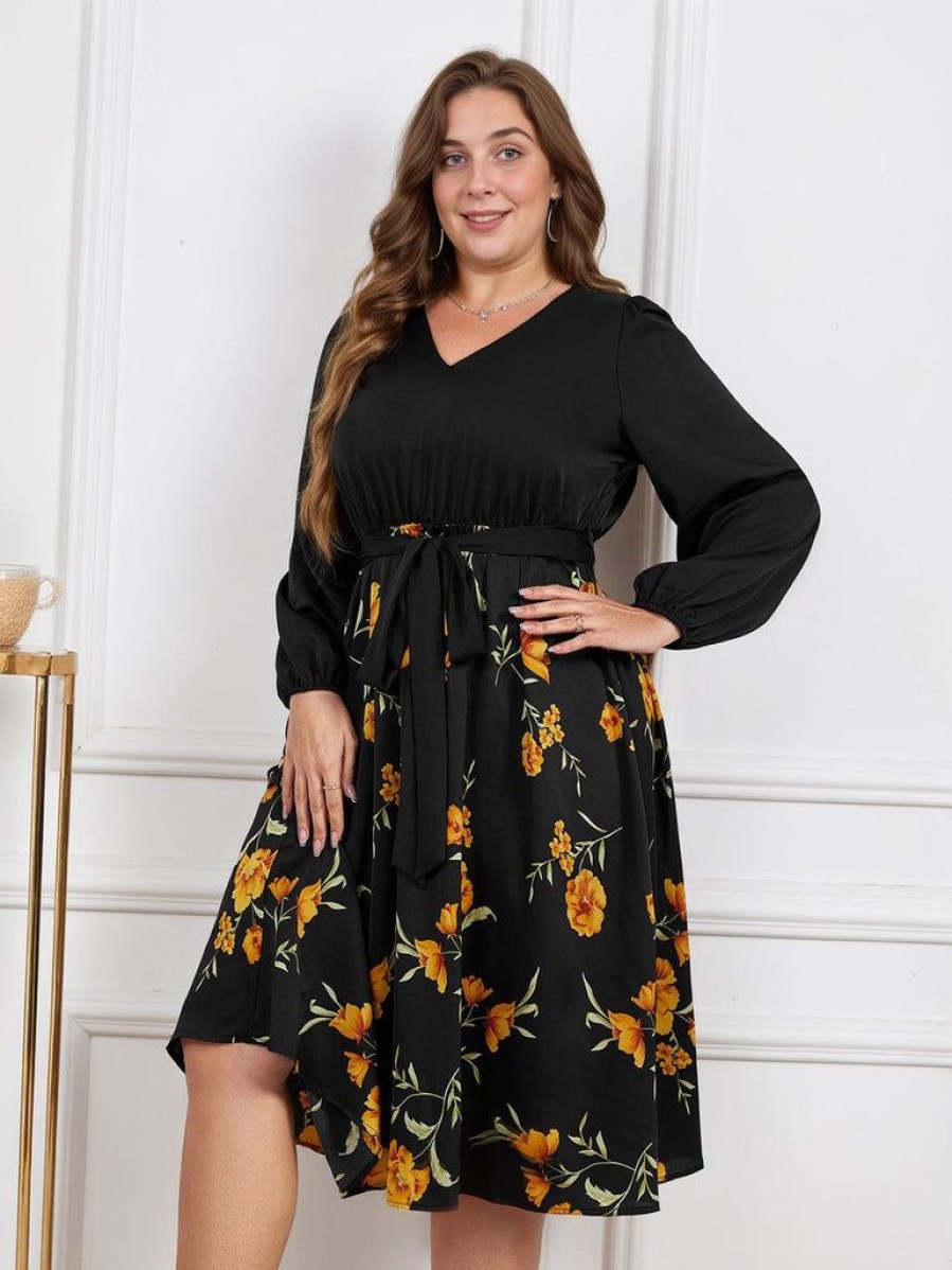 Clothing Retro Stage | [Plus Size] 1950S Yellow Floral Long Sleeved Dress Black