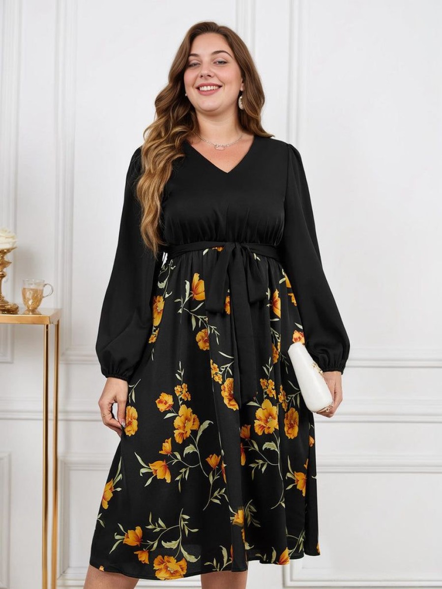 Clothing Retro Stage | [Plus Size] 1950S Yellow Floral Long Sleeved Dress Black