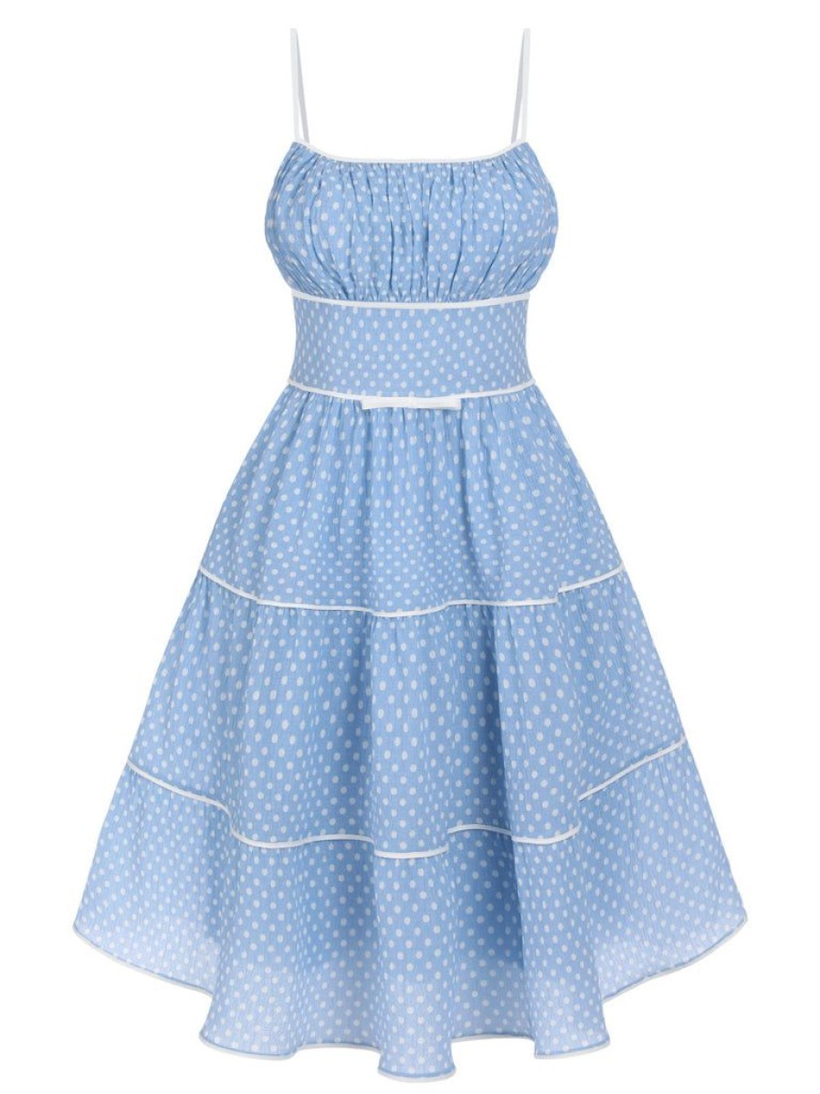 Clothing Retro Stage | 1950S Strap Polka Dot Swing Dress Sky Blue