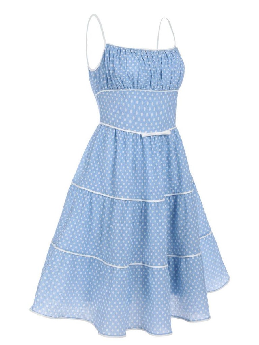 Clothing Retro Stage | 1950S Strap Polka Dot Swing Dress Sky Blue