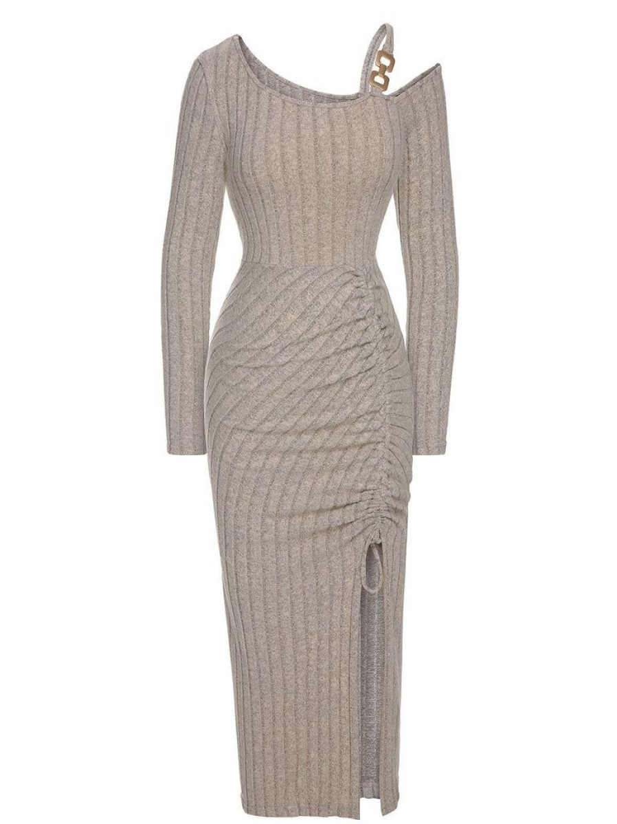 Clothing Retro Stage | 1960S Solid Knitted Irregular Wrap Dress Grey