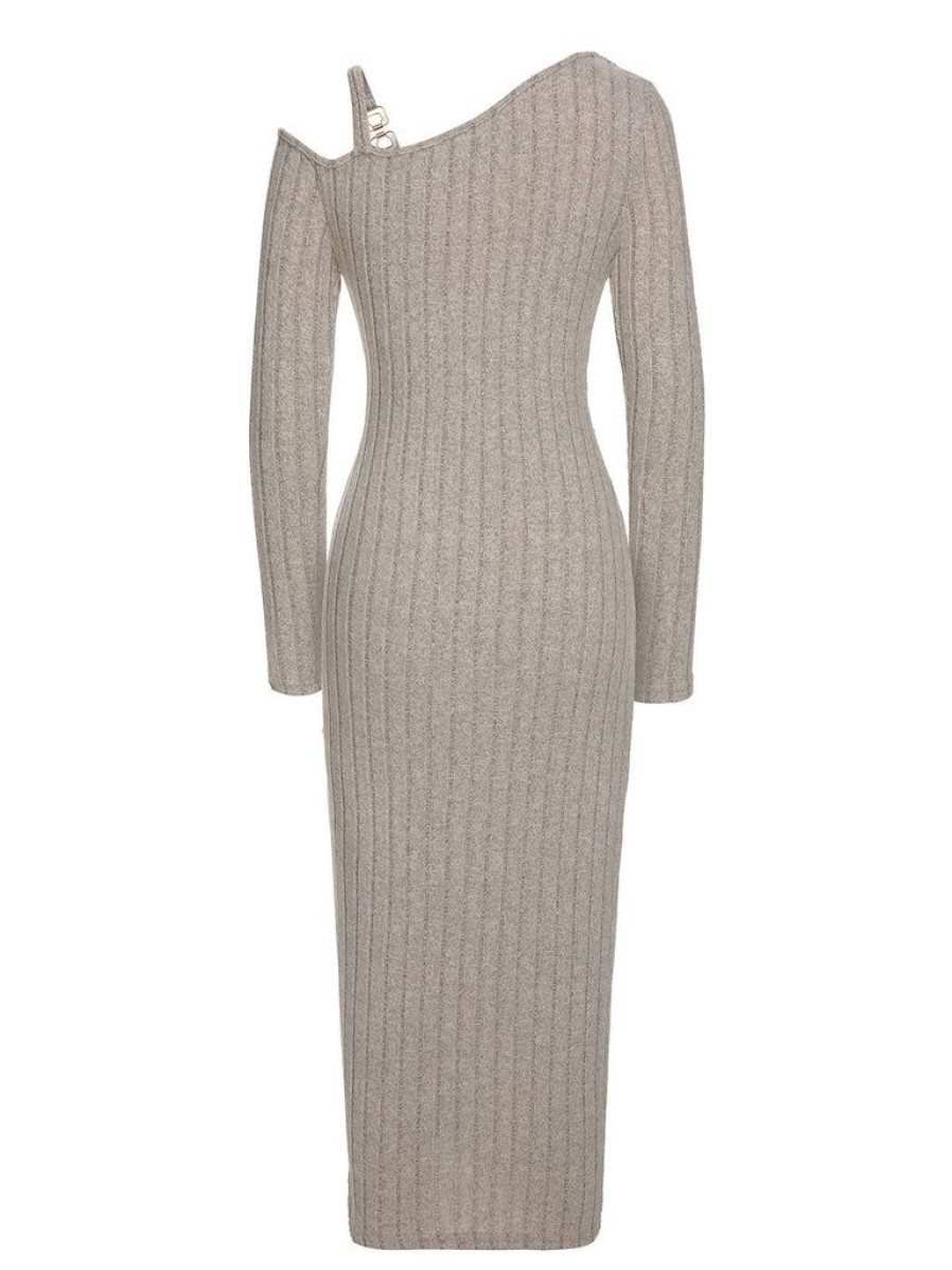 Clothing Retro Stage | 1960S Solid Knitted Irregular Wrap Dress Grey