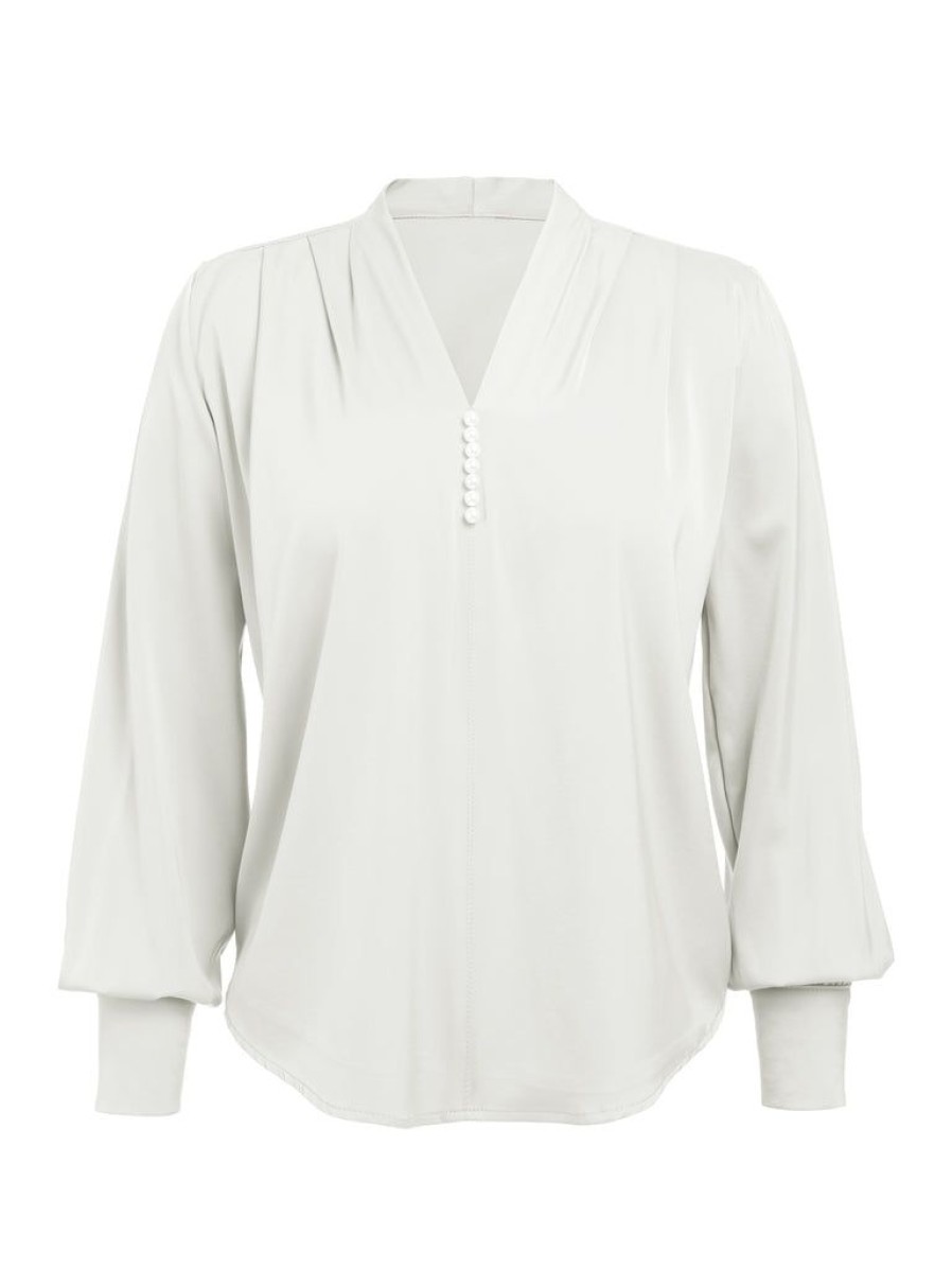 Clothing Retro Stage | 1930S Retro Solid V-Neck Puff Sleeve Blouse