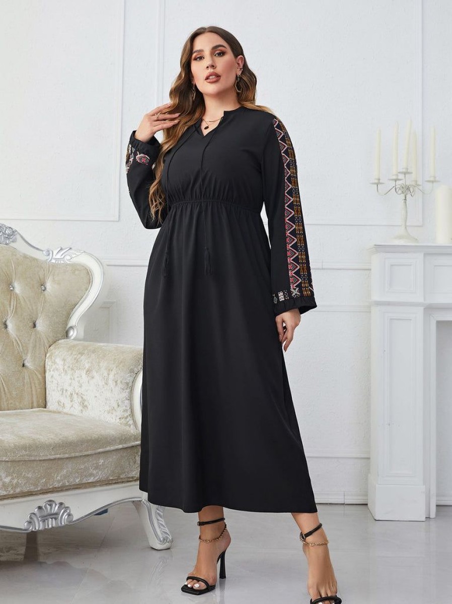 Clothing Retro Stage | [Plus Size] 1930S Embroidered Long Sleeve Dress Black