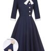 Clothing Retro Stage | 1950S Lapel Patchwork Dress Dark Blue