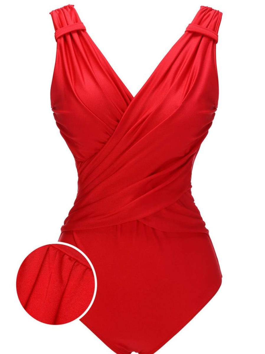 Clothing Retro Stage | [Pre-Sale] 1940S V-Neck Solid One-Piece Swimsuit Red