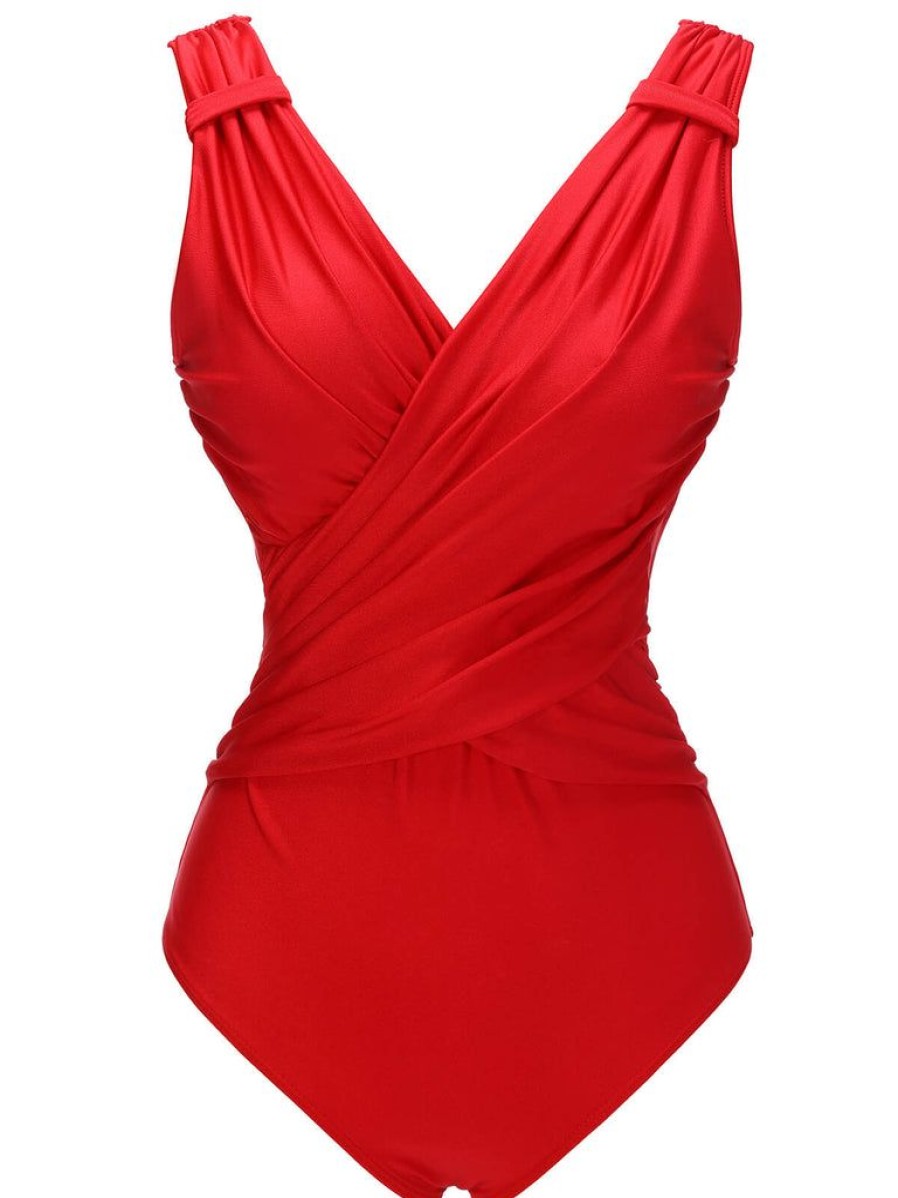 Clothing Retro Stage | [Pre-Sale] 1940S V-Neck Solid One-Piece Swimsuit Red