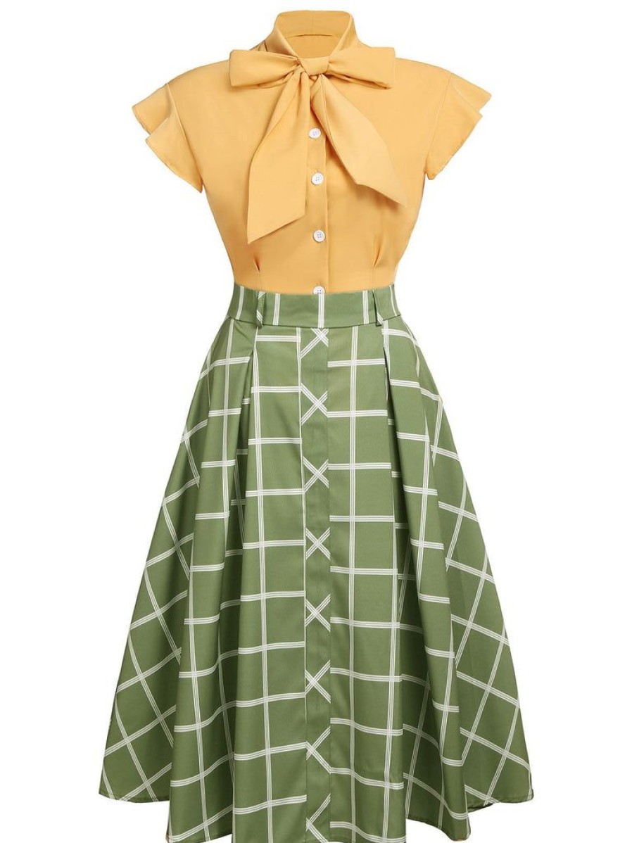 Clothing Retro Stage | 2Pcs 1950S Bow Plaid Blouse & Skirt Yellow & Green