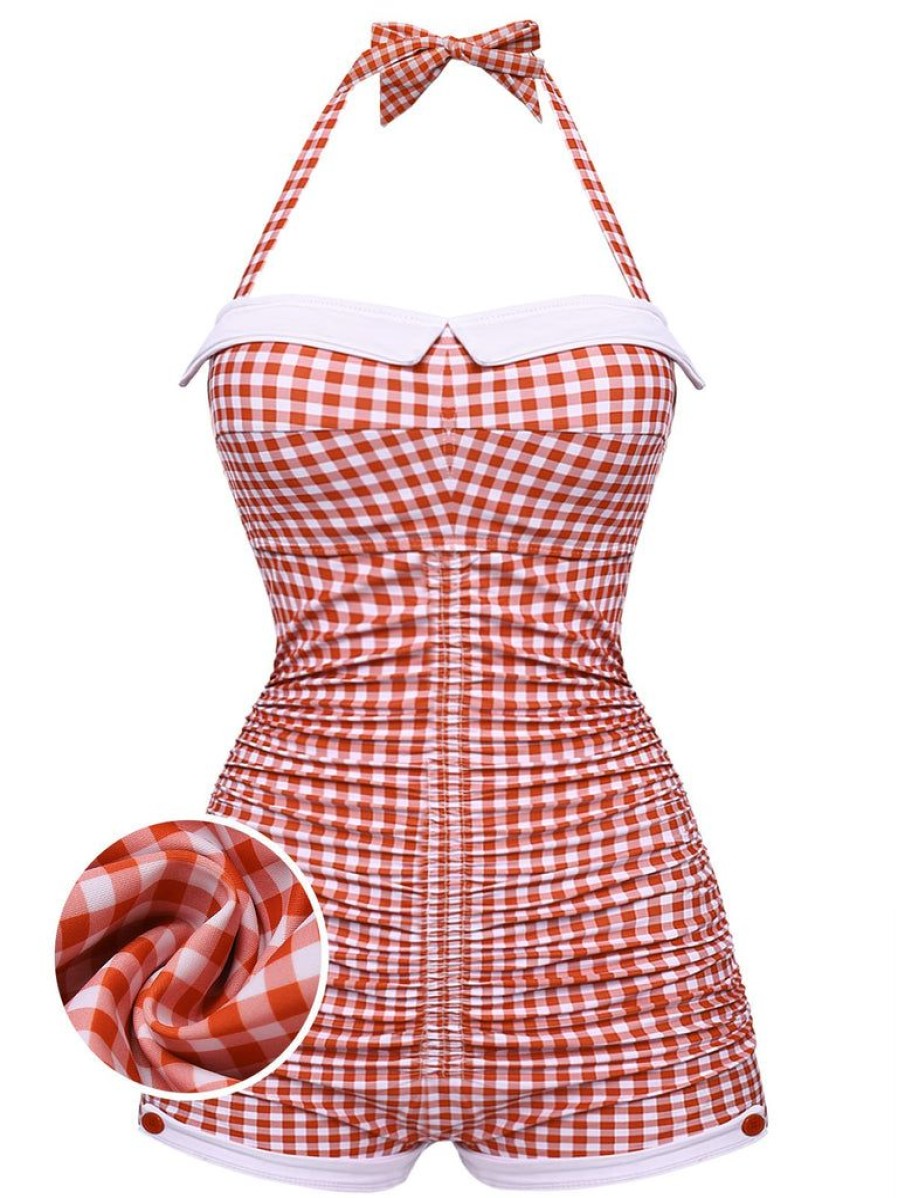 Clothing Retro Stage | Checked 1950S Halter Bowknot One-Piece Swimsuit