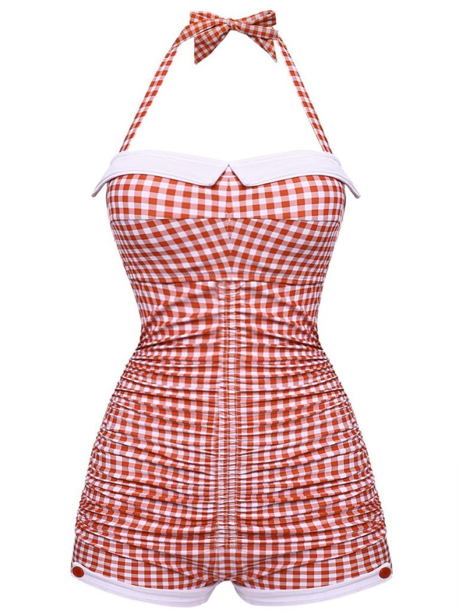 Clothing Retro Stage | Checked 1950S Halter Bowknot One-Piece Swimsuit