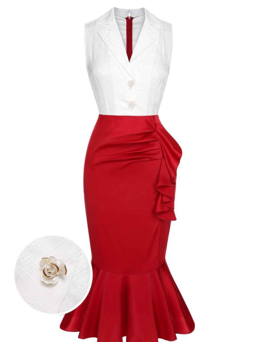 Clothing Retro Stage | 1930S Sleeveless Slit Fishtail Dress Red & White