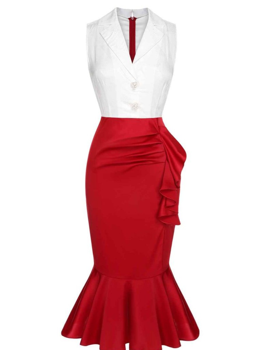 Clothing Retro Stage | 1930S Sleeveless Slit Fishtail Dress Red & White