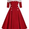 Clothing Retro Stage | 1950S Off Shoulder Button Embellished Dress