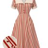 Clothing Retro Stage | 1940S Lapel Vertical Stripes Dress Red