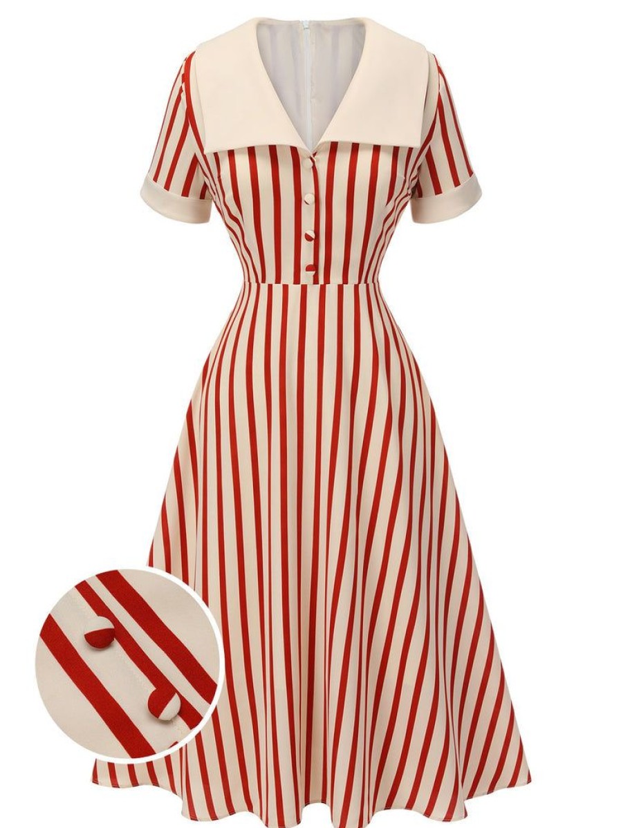 Clothing Retro Stage | 1940S Lapel Vertical Stripes Dress Red