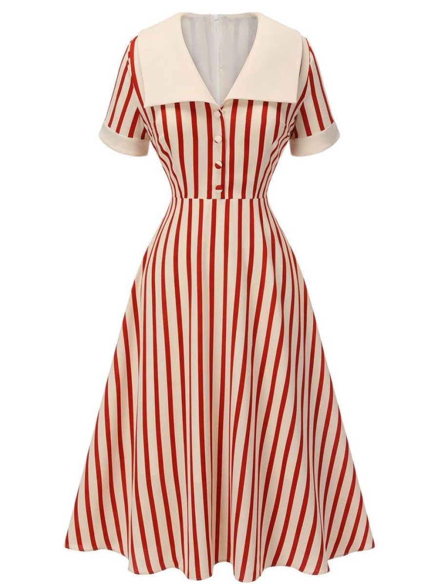 Clothing Retro Stage | 1940S Lapel Vertical Stripes Dress Red