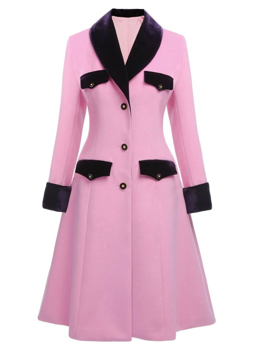 Clothing Retro Stage | 1930S Velvet Patchwork Button Coat Pink