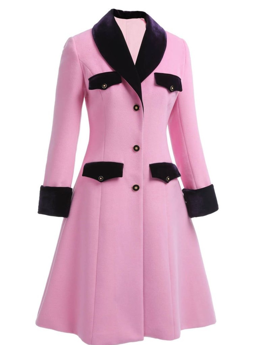 Clothing Retro Stage | 1930S Velvet Patchwork Button Coat Pink