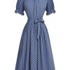 Clothing Retro Stage | 1930S Polka Dots Bow Tie Pleated Dress Blue