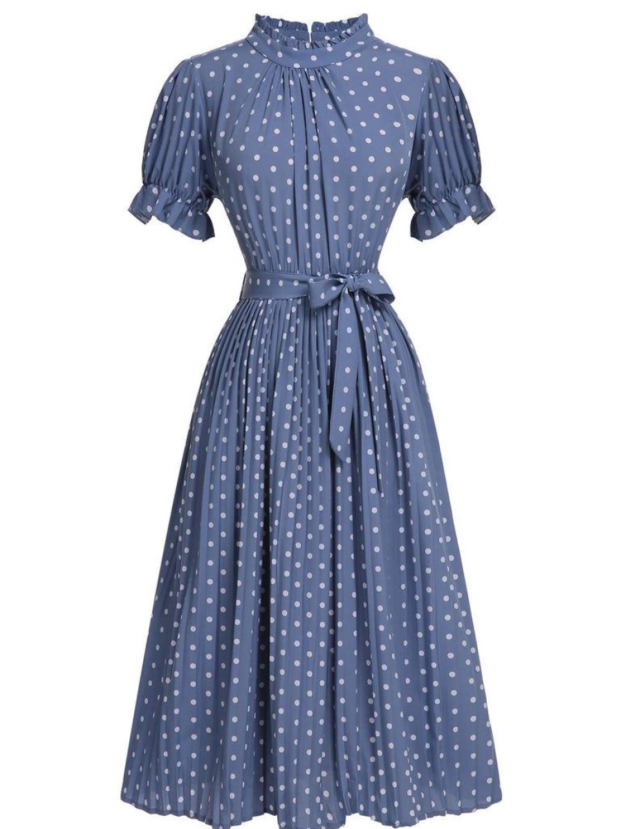 Clothing Retro Stage | 1930S Polka Dots Bow Tie Pleated Dress Blue