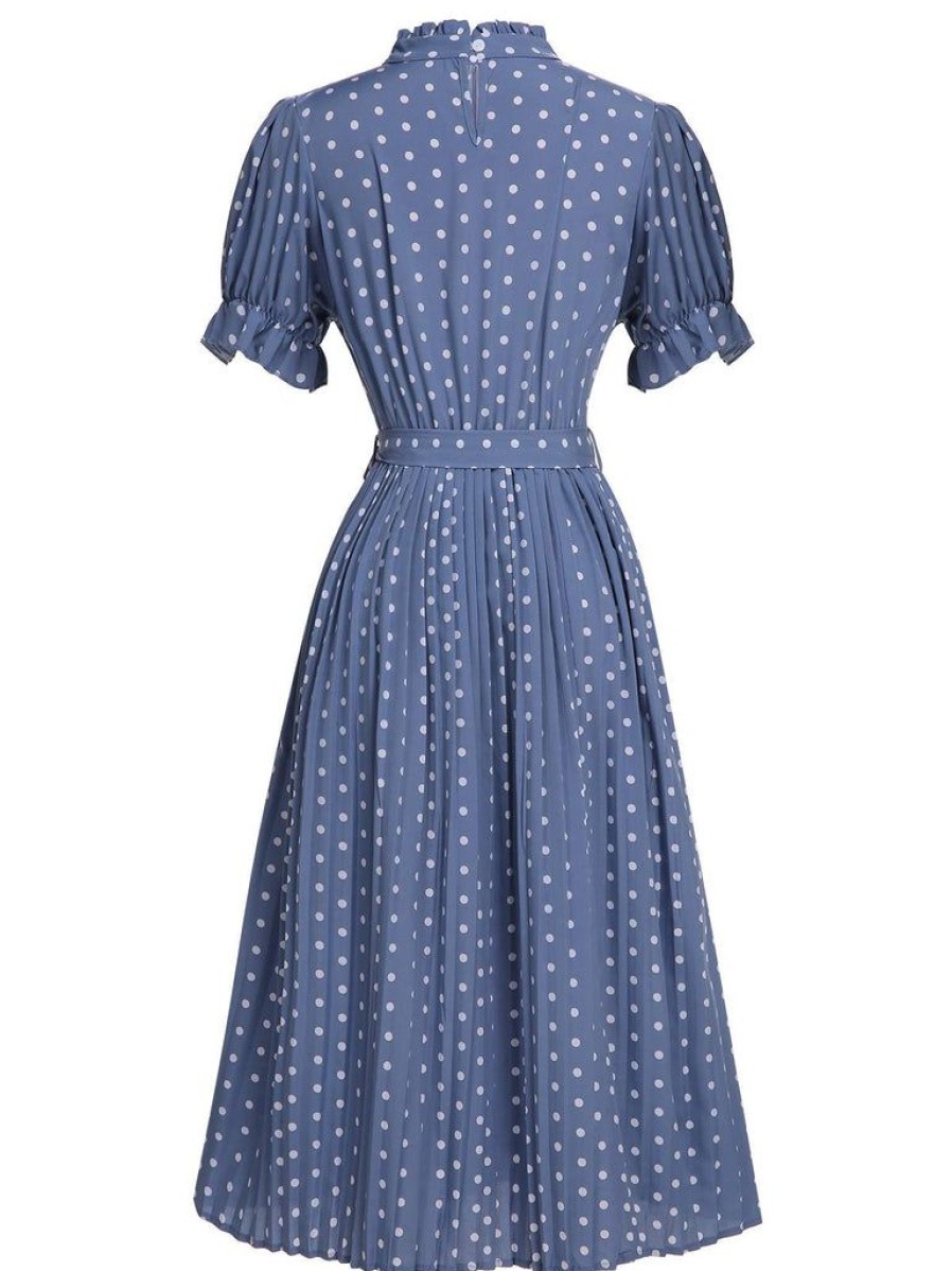 Clothing Retro Stage | 1930S Polka Dots Bow Tie Pleated Dress Blue