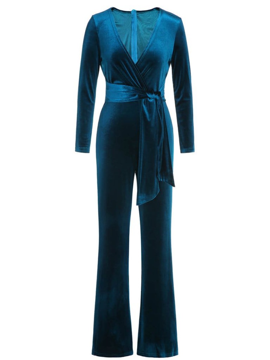 Clothing Retro Stage | 1930S Solid V-Neck Waist Tie Velvet Jumpsuit Dark Blue