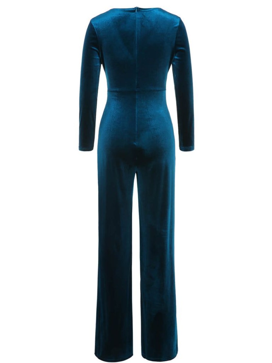 Clothing Retro Stage | 1930S Solid V-Neck Waist Tie Velvet Jumpsuit Dark Blue