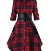 Clothing Retro Stage | 1950S 3/4 Sleeve Plaid Belt Long Tops