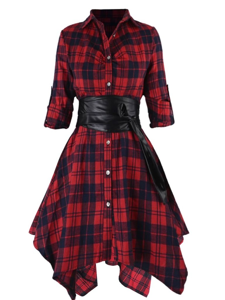 Clothing Retro Stage | 1950S 3/4 Sleeve Plaid Belt Long Tops