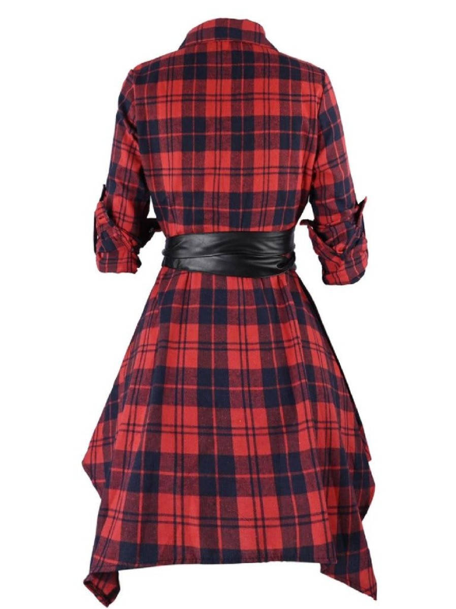 Clothing Retro Stage | 1950S 3/4 Sleeve Plaid Belt Long Tops