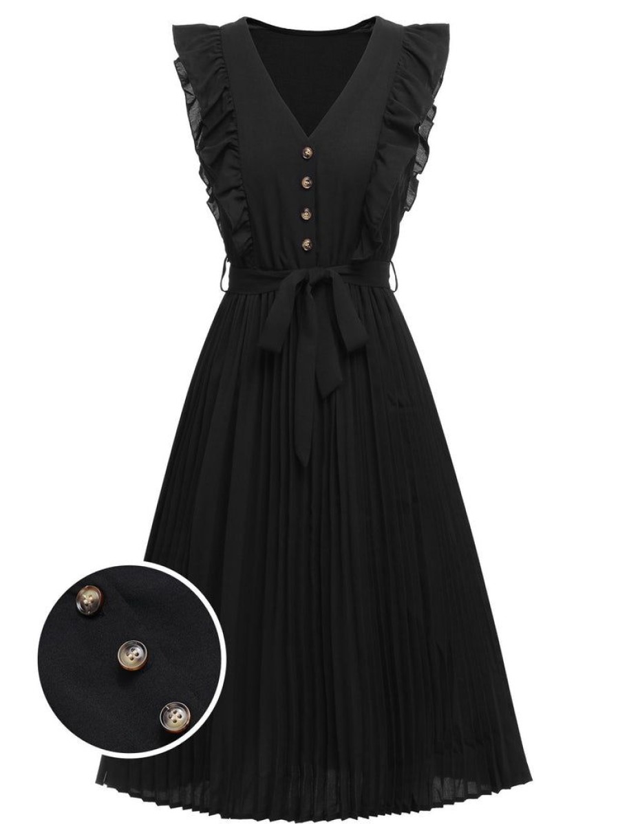 Clothing Retro Stage | 1940S Solid Flying Sleeve Pleated Dress Black