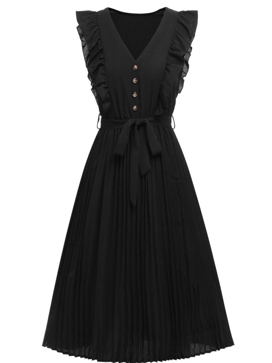 Clothing Retro Stage | 1940S Solid Flying Sleeve Pleated Dress Black