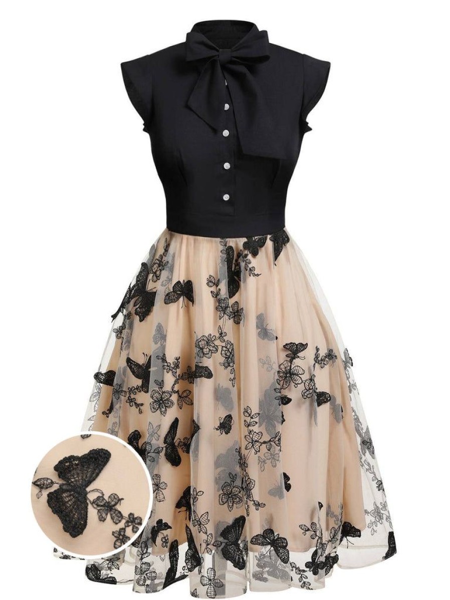 Clothing Retro Stage | 1950S Butterfly Patchwork Vintage Dress Black