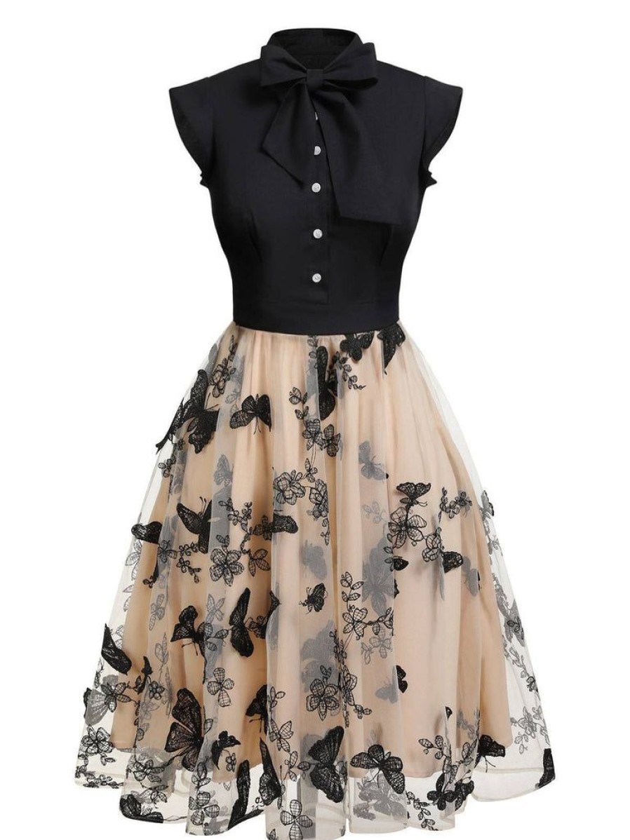 Clothing Retro Stage | 1950S Butterfly Patchwork Vintage Dress Black