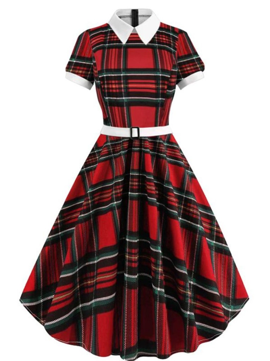 Clothing Retro Stage | 1950S Plaid Convertible Collar Dress Red