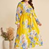 Clothing Retro Stage | [Plus Size] 1930S Floral Tie-Up Midi Dress Yellow