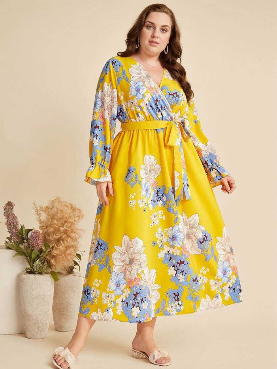 Clothing Retro Stage | [Plus Size] 1930S Floral Tie-Up Midi Dress Yellow