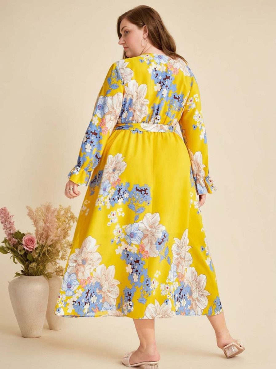 Clothing Retro Stage | [Plus Size] 1930S Floral Tie-Up Midi Dress Yellow