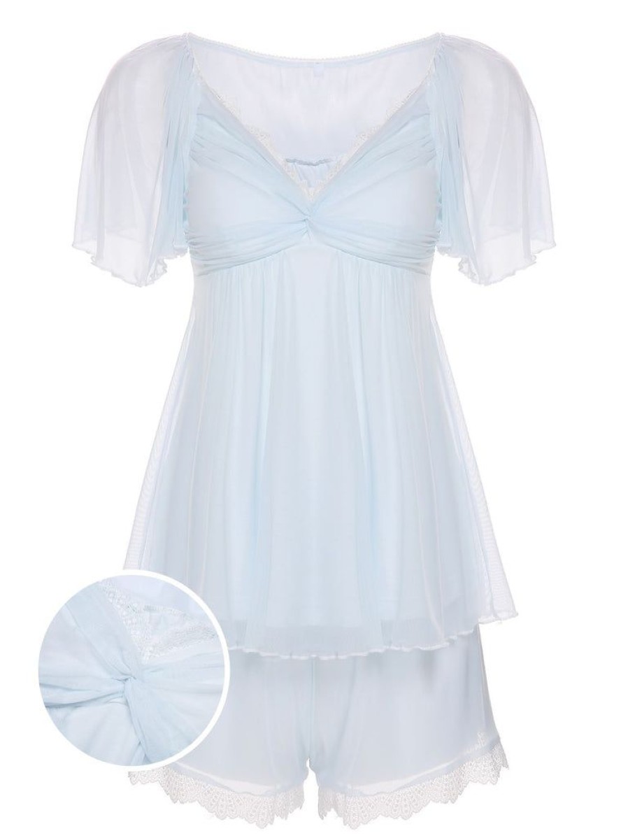 Clothing Retro Stage | 2Pcs 1940S Knot Lace Sleepwear Light Blue