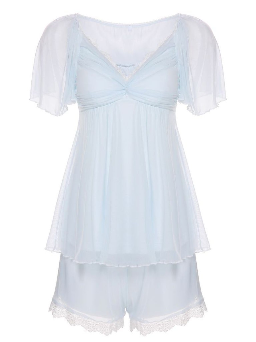 Clothing Retro Stage | 2Pcs 1940S Knot Lace Sleepwear Light Blue