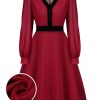 Clothing Retro Stage | Red 1950S Solid Patchwork Swing Dress Wine Red