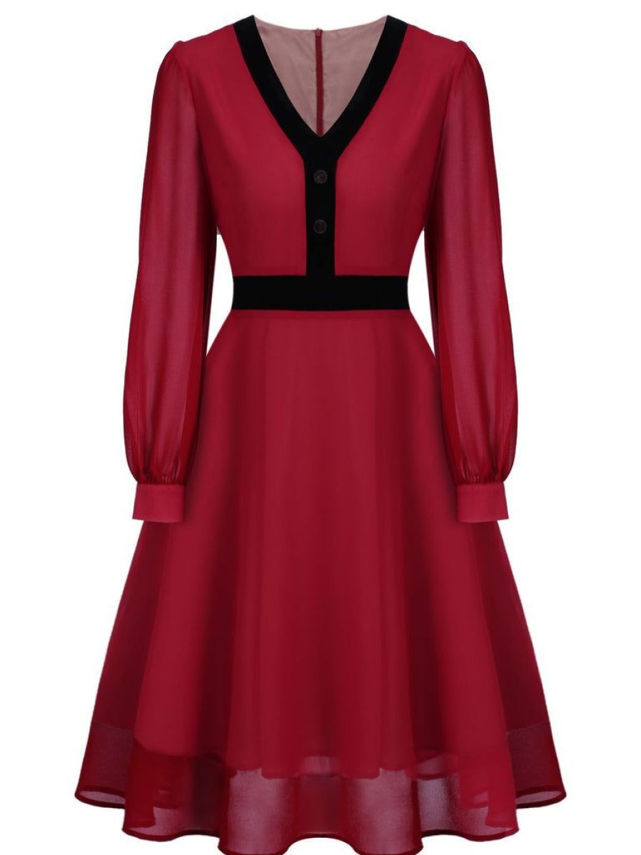 Clothing Retro Stage | Red 1950S Solid Patchwork Swing Dress Wine Red