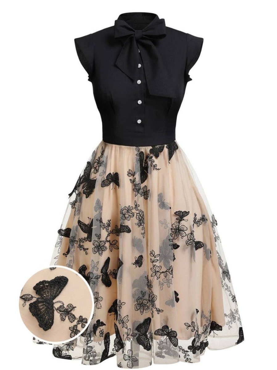 Clothing Retro Stage | [Plus Size] 1950S Butterfly Patchwork Vintage Dress Black