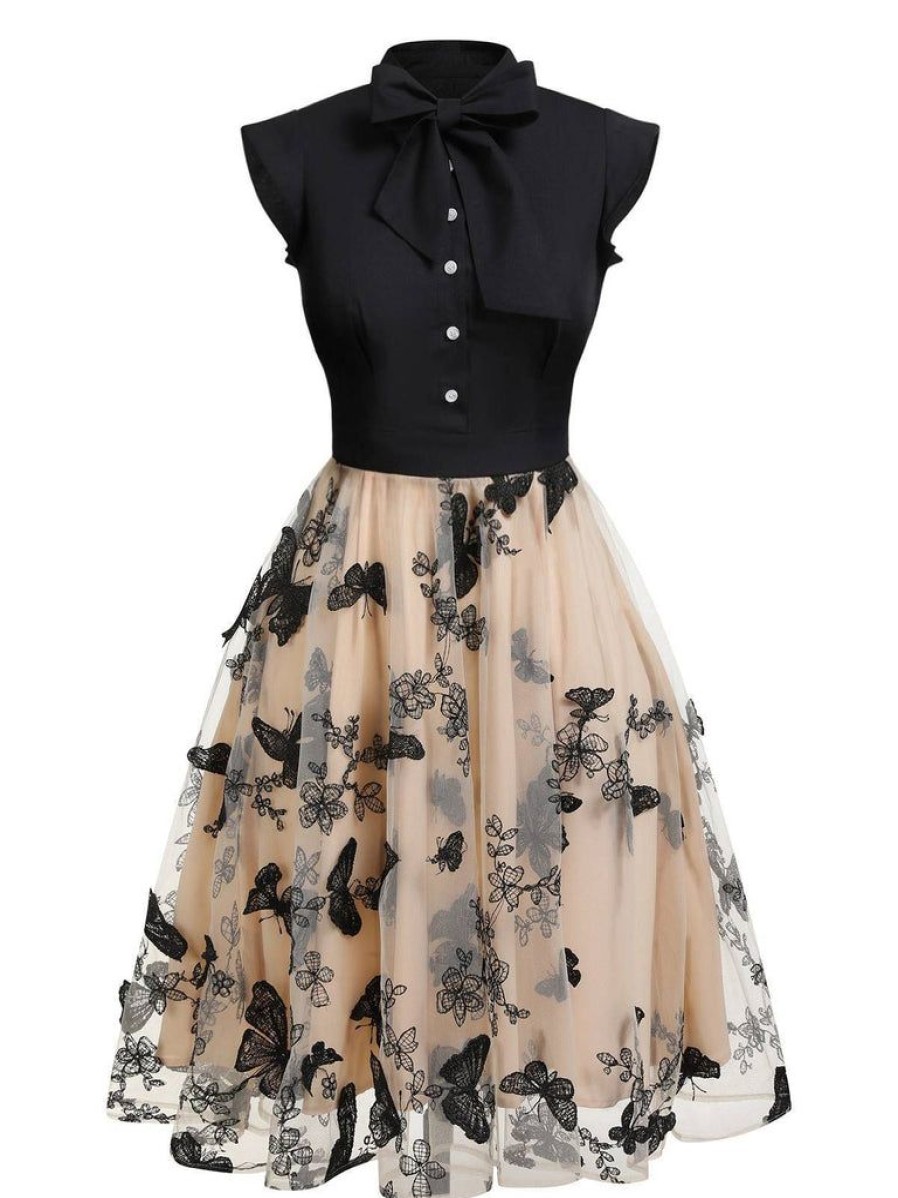 Clothing Retro Stage | [Plus Size] 1950S Butterfly Patchwork Vintage Dress Black