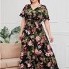 Clothing Retro Stage | [Plus Size] 1940S Floral V-Neck Tie-Up Dress Multicolor