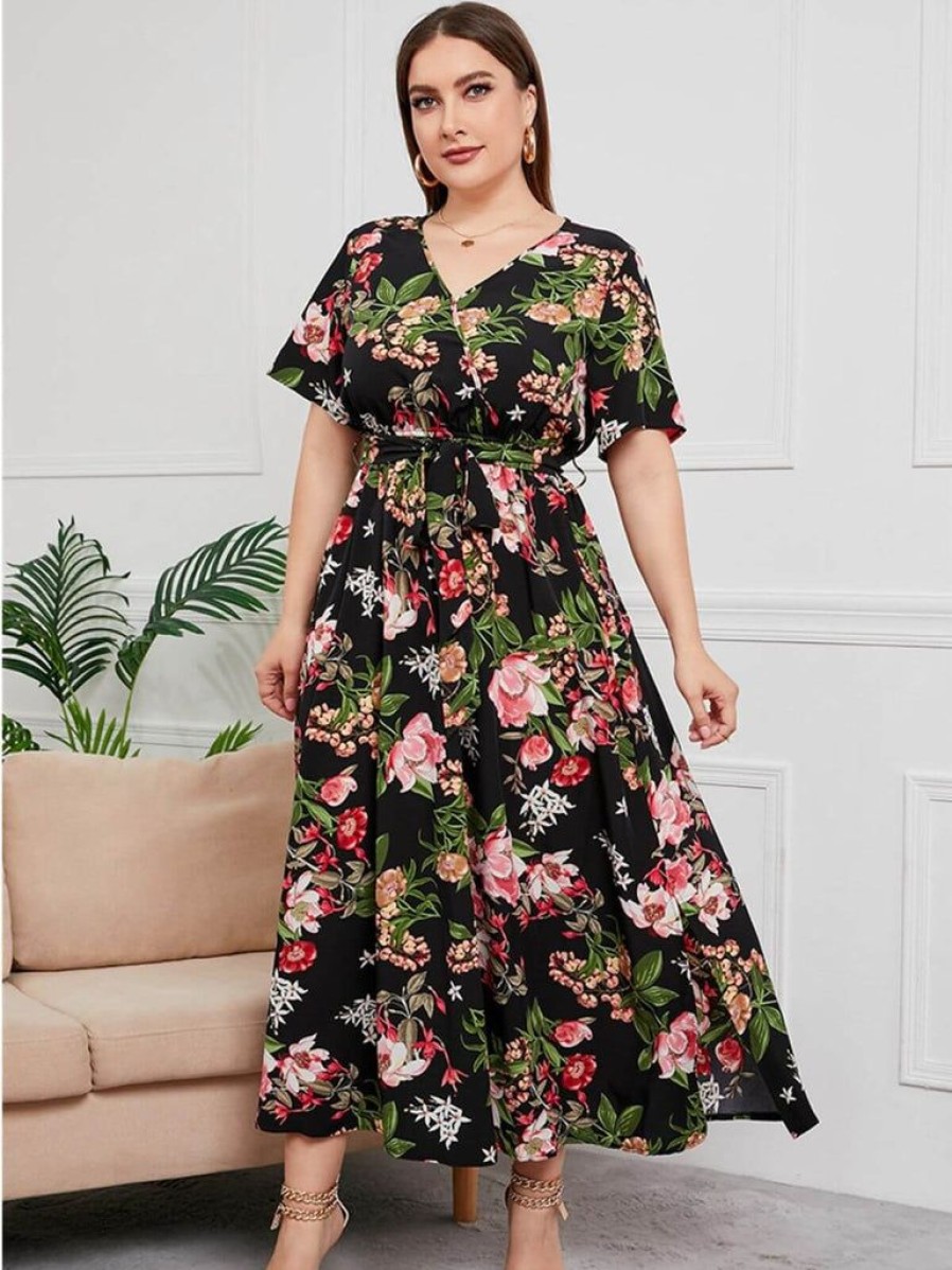 Clothing Retro Stage | [Plus Size] 1940S Floral V-Neck Tie-Up Dress Multicolor